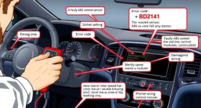 A detailed technical illustration showing the diagnostic process for error B2141 in a vehicle's electronic system, featuring a mechanic using an OBD-II scanner connected to a car's dashboard, with close-up views of wiring harnesses, sensor components, and error code B2141 displayed on a diagnostic screen, surrounded by labeled callouts pointing to potential causes like faulty ABS wheel speed sensor, damaged wiring, or control module issues, all rendered in a clean, professional automotive techni