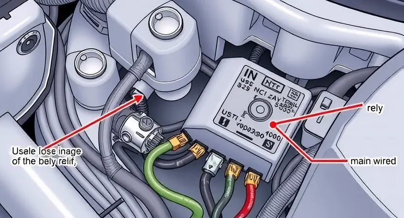 A detailed illustration of a car's main relay with visible electrical connections, highlighting potential issues such as loose wires, corrosion, or damaged components. The relay should be depicted in a close-up view to emphasize the voltage-related problems.