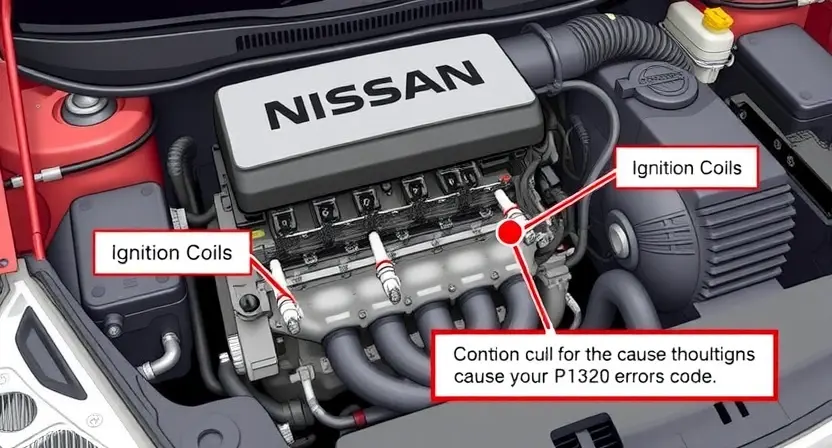 A detailed illustration of a Nissan car engine with a focus on the ignition system, highlighting the components that could cause the P1320 error code. The image should show the ignition coils, spark plugs, and related wiring. The car engine should be depicted in a realistic and detailed manner, with a clean and professional look.