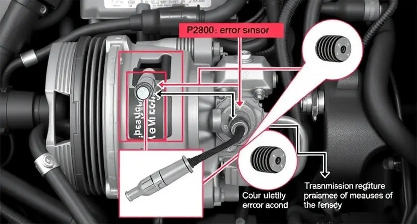A detailed illustration of a car's transmission sensor circuit, highlighting the P2800 error code. Include visual representations of the sensor, wiring, and potential causes of the malfunction. Focus on technical accuracy and clarity.