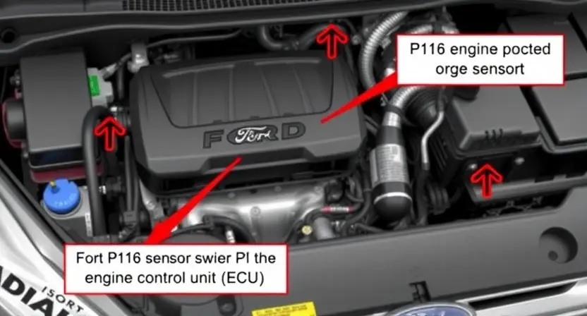 A detailed illustration of a Ford vehicle's engine bay, highlighting the relevant sensors and components associated with the P1116 error code. Focus on the engine control unit (ECU) and the associated wiring. The image should convey a sense of technical precision and clarity, suitable for a repair manual.