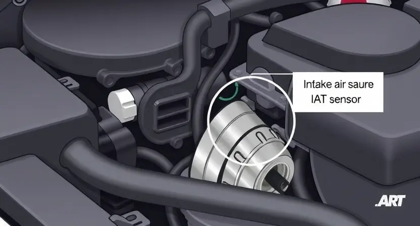 A close-up illustration of a car's engine bay, highlighting the intake air temperature (IAT) sensor. The sensor should be clearly visible, with surrounding engine components subtly in focus. Use a clean, technical illustration style.