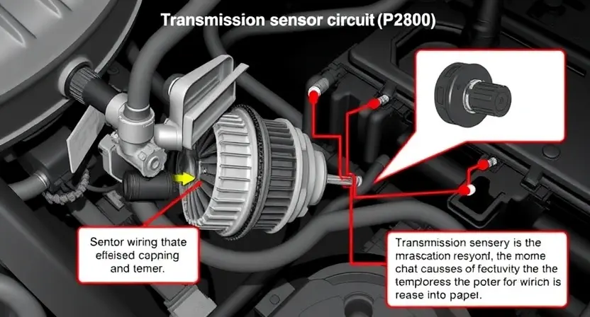 A detailed illustration of a car's transmission sensor circuit, highlighting the P2800 error code. Include visual representations of the sensor, wiring, and potential causes of the malfunction. Focus on clarity and technical accuracy.