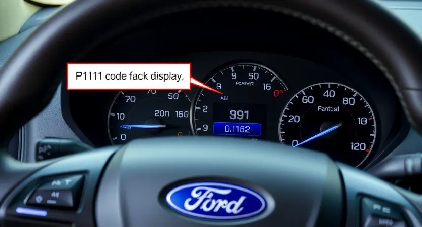 A close-up shot of a Ford car's dashboard, highlighting the location of the P1111 code display. Focus on the instrument cluster and any warning lights present. The car should be clean and modern-looking.