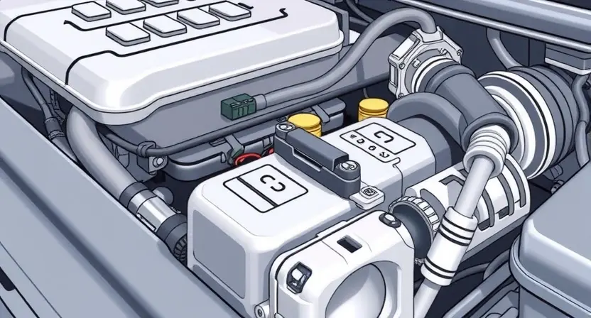 A close-up, detailed illustration of a car's engine bay, specifically highlighting the throttle position sensor. The sensor should be clearly visible, with surrounding engine components subtly in focus. Focus on the sensor's wiring and connection points. The overall lighting should be bright and clean, emphasizing the mechanical details.