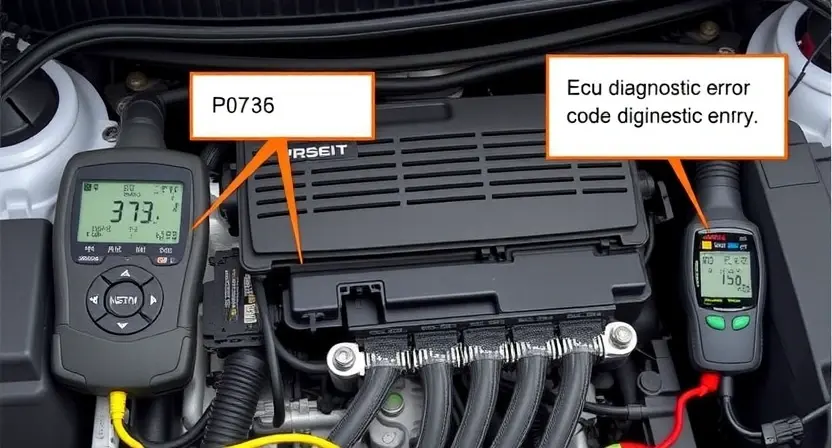 A detailed illustration of a car's engine control unit (ECU) with various diagnostic tools connected, highlighting the P0736 error code indicator. The image should clearly show the ECU, diagnostic scanner, and wiring harness. Focus on technical accuracy and clarity.