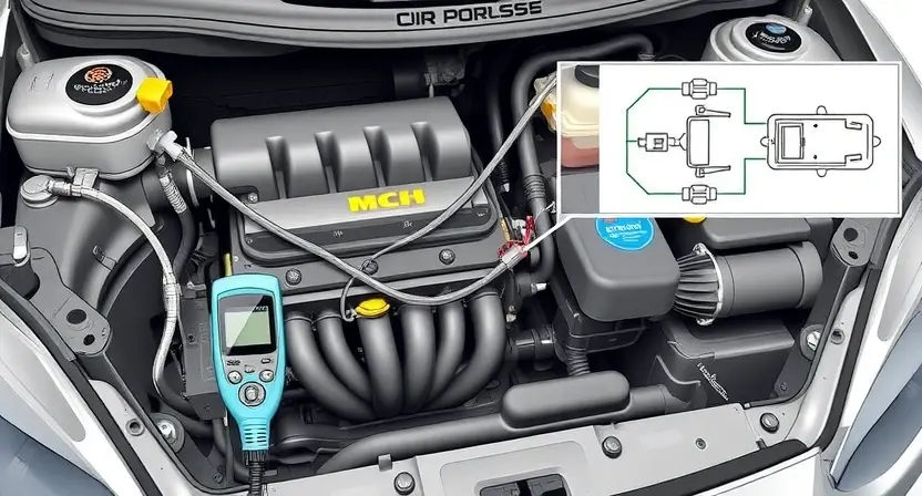 A detailed illustration of a car's engine bay, focusing on the fuel temperature sensor and its wiring. The sensor should be clearly visible, along with the wiring connecting it to the engine control unit (ECU). Include diagnostic tools and a schematic diagram showing the sensor's location and connection.