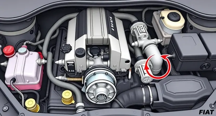 A detailed illustration of a Fiat or Alfa Romeo engine bay, highlighting the EGR valve and its connection to other engine components. Include visual cues indicating a potential malfunction, such as a slightly discolored or dirty EGR valve. Focus on mechanical elements and diagnostic tools.