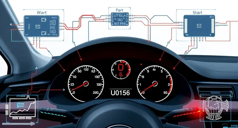 A high-quality technical illustration showing a modern car dashboard with a warning light indicating an error code U0156, surrounded by schematic diagrams of wiring and communication modules, clean background, professional lighting, no text or numbers on the image