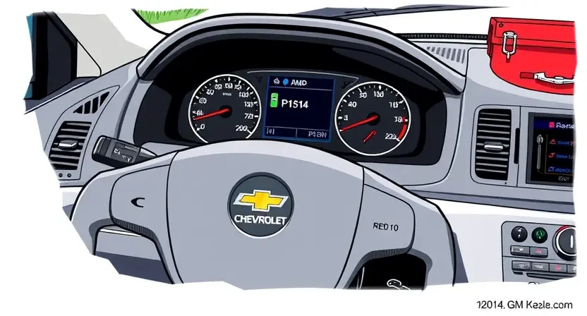 A detailed illustration of a GM/Chevrolet vehicle displaying a P1514 error code on its dashboard. The dashboard should clearly show the error message and potentially a diagnostic tool interface. The car should be parked on a road, with a mechanic's toolbox visible in the background.