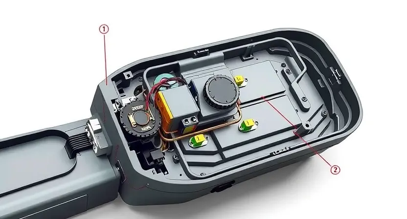 A high-quality technical illustration showing a vehicle's blind spot monitoring system module with visible mechanical damage, including broken sensors, cracked housing, and exposed wiring, set against a clean white background with precise engineering details and realistic lighting