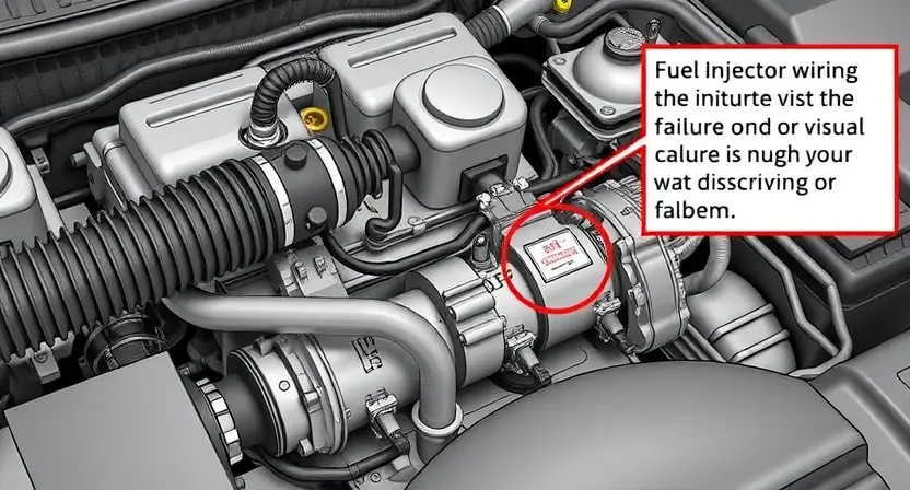 A detailed illustration of an engine bay with a focus on the fuel injector wiring and components of the 11th cylinder. The image should depict a close-up view of the injector and its associated wiring, highlighting potential points of failure. Include visual cues suggesting a problem, such as a slightly discolored or damaged wire.