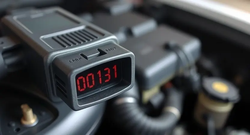 A close-up, detailed image of an OBD-II port on a car, with a digital display showing the error code P0131. The background should be a slightly blurred view of the car's engine bay. Focus on the port and the display for clarity.