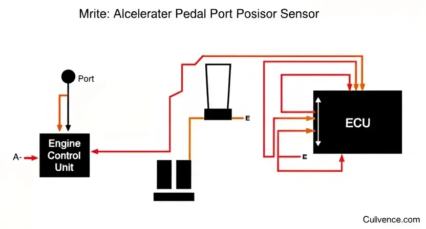 A detailed schematic diagram illustrating the accelerator pedal position sensor circuit in a car. Highlight the key components: the sensor itself, wiring, and the engine control unit (ECU). Use clear, distinct lines and labels to show the signal flow. Focus on the electrical connections and the sensor's physical placement near the accelerator pedal. The background should be a clean, neutral color.