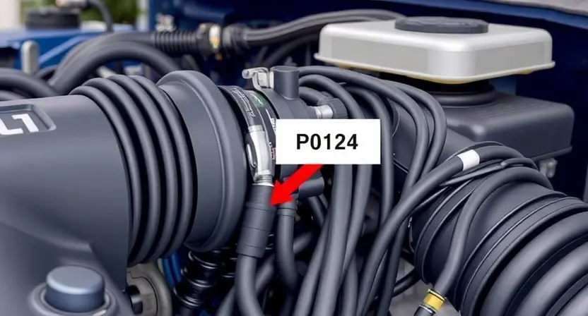 A close-up, detailed illustration of a car engine with a diagnostic code P0124 highlighted. Focus on the engine components like the intake manifold, oxygen sensor, and related wiring. The background should be a slightly blurred garage setting.