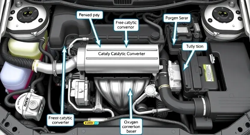 A detailed illustration of a car's fuel system, highlighting the catalytic converter and oxygen sensors. The image should show the components clearly and accurately, with labels indicating their function. Focus on the parts related to the P0256 error code.