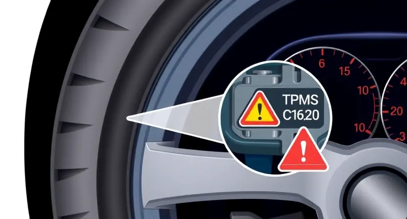 A detailed technical illustration of a tire pressure monitoring system (TPMS) sensor inside a car wheel, showing a fault indicator light on the dashboard displaying error code C1620, with magnified view of the sensor's internal circuitry and a warning symbol, all in a clean, professional automotive diagnostic style