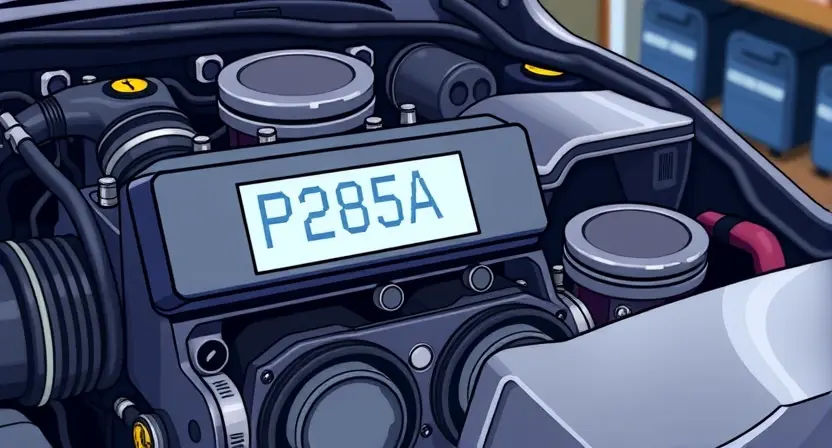 A detailed illustration of a car engine with a highlighted error code P285A displayed on a digital dashboard. The engine should be realistically rendered, showcasing various components like pistons, valves, and belts. The dashboard should be modern and clearly show the error code with accompanying warning symbols. The background should be a slightly blurred garage setting.