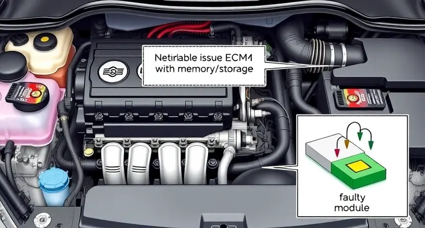 A detailed illustration of an engine bay with a focus on the alternative fuel system. Show a diagram highlighting the potential issues with the ECU/PCM and the associated memory/storage. Include visual representations of memory chips, wiring diagrams, and a symbolic representation of a faulty module. The overall aesthetic should be technical and informative, suitable for a repair manual.