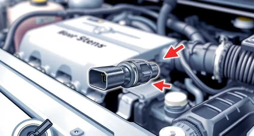 A close-up illustration of a car engine bay, focusing on the throttle position sensor and its wiring. The sensor should be clearly visible, with arrows pointing to the wiring connections. The background should show other engine components, but blurred to keep the focus on the sensor. The overall lighting should be bright and clean, highlighting the details of the sensor and wiring. The image should convey a sense of technical accuracy and clarity.