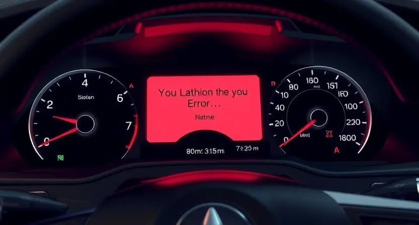 A close-up, detailed illustration of a car's dashboard with a prominent error message displayed on the instrument cluster. The error message should be clearly visible and resemble a digital display. Focus on the dashboard elements and the error message itself, conveying a sense of technical issue. The car interior should be clean and modern, but not overly detailed.