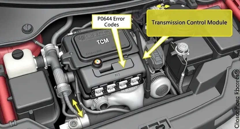 A detailed illustration of a car's engine bay, focusing on the Transmission Control Module (TCM) and related wiring. The TCM should be clearly visible, with associated sensors and diagnostic connectors highlighted. Include visual cues representing the P0644 error code, such as a flashing light or a diagnostic display showing the code.