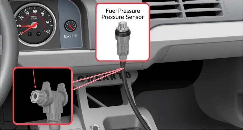 A detailed illustration of a car's fuel system, focusing on the fuel pressure sensor and its connection to the fuel rail. Include visual representations of the pressure gauge and potential error codes. The image should clearly depict the sensor's location and how it relates to the fuel delivery system.