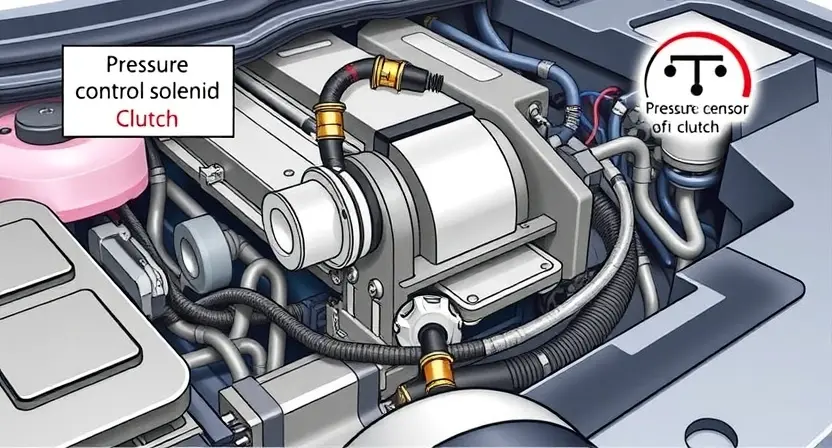 A detailed illustration of a car's engine bay, focusing on the pressure control solenoid and its connection to the clutch. Include visual representations of the pressure sensor and wiring. The background should be slightly blurred to emphasize the solenoid.