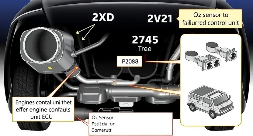 A detailed diagram illustrating a car's exhaust system with a focus on the O2 sensor and its connection to the engine control unit (ECU). Highlight the potential points of failure related to the P2008 error code. Use clear, technical illustrations and labels.