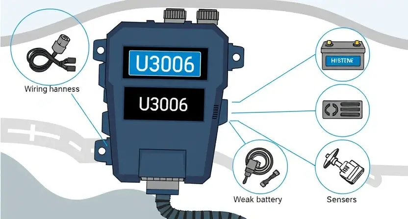 A detailed technical illustration of a car engine control unit (ECU) with visible error code U3006 displayed on a diagnostic scanner screen, surrounded by symbolic representations of common causes: faulty wiring harness, corroded connectors, weak battery, and malfunctioning sensors, all rendered in a clean, professional automotive diagnostic style with blue and gray color accents, no text or labels on the image