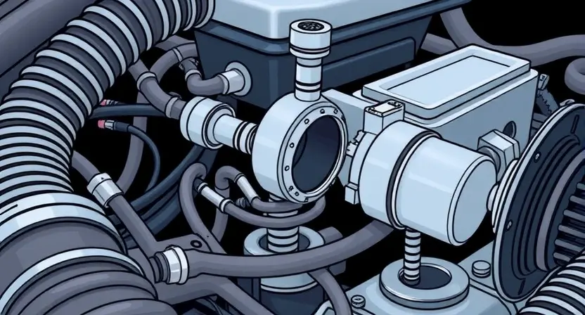 A close-up, detailed illustration of a car engine's intake manifold with a focus on the PCV valve and its associated hoses. The image should clearly show the valve's internal components and the path of air flow. The overall aesthetic should be clean and informative, suitable for a technical guide.