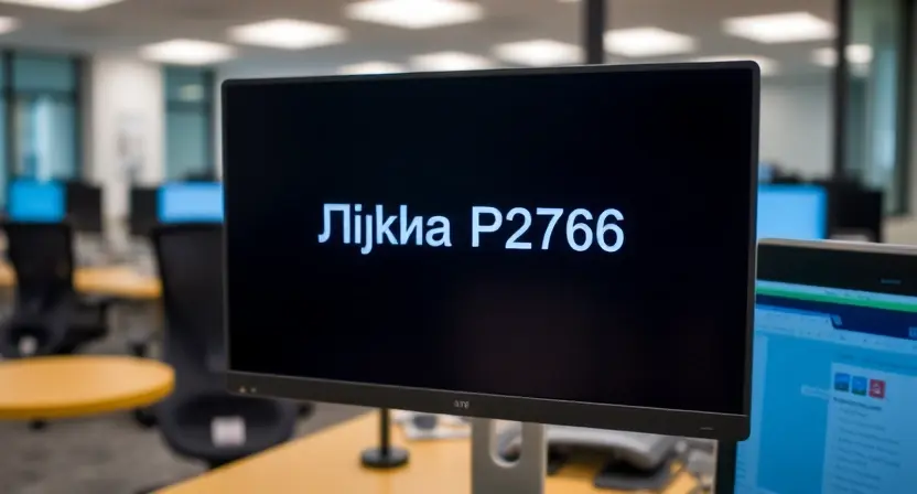 A computer screen displaying an error message "Ошибка P2766". The background should be a blurred office environment. Focus on the error message and the computer screen.