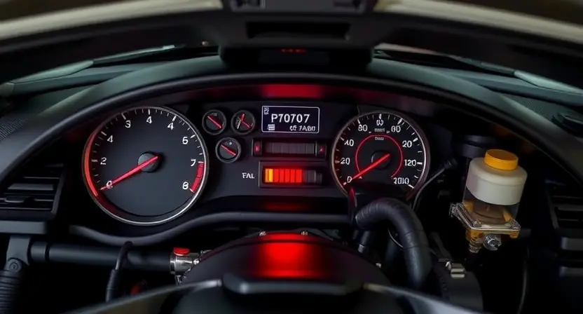 A detailed visual inspection of a car's engine bay, focusing on the P0707 error code indicator light. The image should clearly show the dashboard, the engine components, and the error light illuminated. The lighting should be bright and even, highlighting the details of the engine and the dashboard.