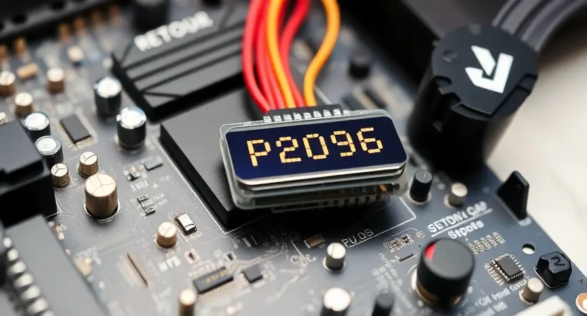 A close-up, detailed illustration of a computer motherboard with a highlighted error code 'P2096' displayed on a small LCD screen connected to the motherboard. Focus on the electronic components and the error message. The background should be blurred, suggesting a technical workspace.