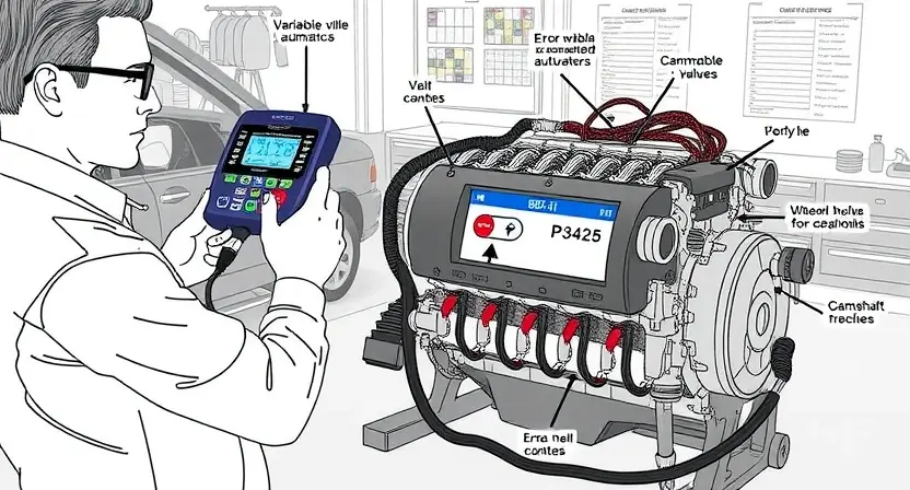 A detailed technical illustration of an automotive engine diagnostic system, showing a mechanic using an OBD-II scanner connected to a car's dashboard port, with error code P3425 displayed on the scanner screen, surrounded by labeled components of the variable valve timing (VVT) system including camshaft actuators, oil control valves, and wiring harnesses, in a clean, well-lit garage environment with tools and diagnostic charts visible in the background