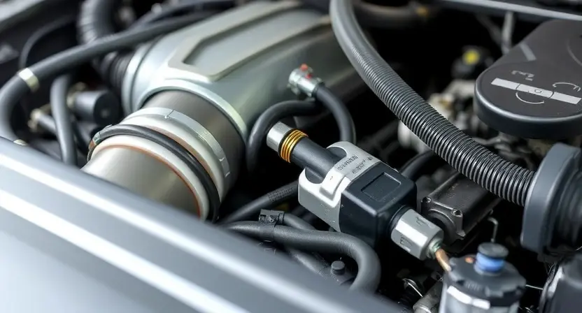 A close-up, detailed image of a car engine bay, focusing on the coolant temperature sensor. The sensor should be clearly visible, along with surrounding hoses and wiring. The engine should appear clean and well-maintained. The overall lighting should be bright and even, highlighting the components.