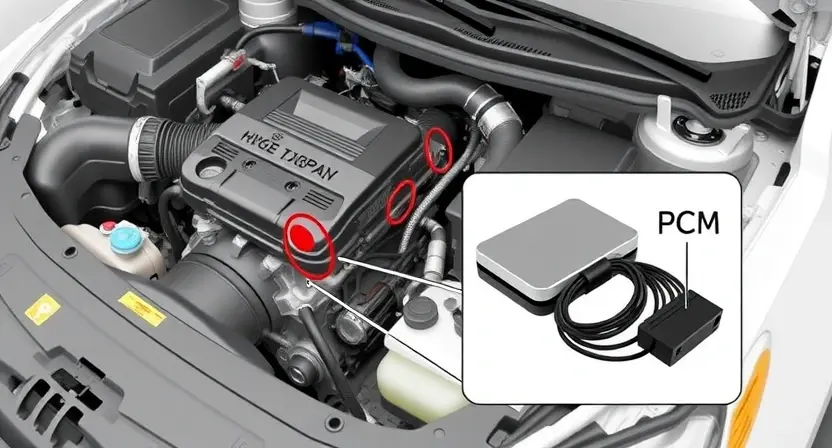 A detailed illustration of a car's engine bay with a highlighted section showing the powertrain control module (PCM) and its wiring harness. Focus on the connection points and potential points of failure. Use a clean, technical drawing style with clear labels indicating the PCM and related components. The background should be slightly blurred to emphasize the central components.