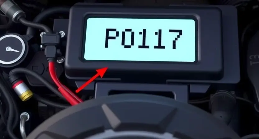 A close-up, detailed illustration of an engine's computer system displaying a diagnostic code P0117. The background should subtly show engine components like sensors and wiring. Focus on the digital display showing the code and a visual representation of the Engine Coolant Temperature (ECT) sensor.