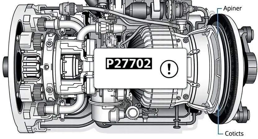 A detailed illustration of an automotive transmission system with a highlighted P2702 error code indicator. The image should show various components like gears, shafts, and sensors, with the error code clearly displayed on a digital dashboard. Focus on technical accuracy and clarity.