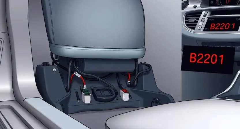 A detailed technical illustration of a car seat position sensor circuit, showing wiring, connectors, and the sensor module under the seat, with a red 'B2201' error code displayed on a dashboard screen nearby, in a clean automotive workshop setting, soft directional lighting, no text or labels on the image except the error code on the screen
