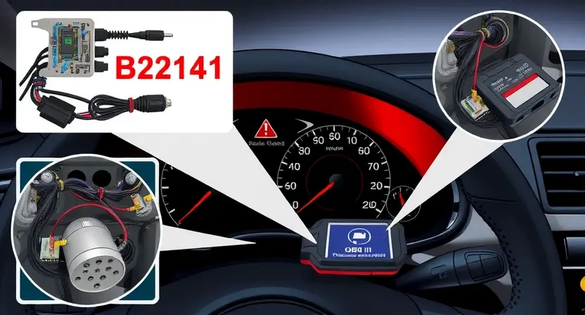 A detailed technical illustration showing a car's dashboard with a warning light indicating error B2141, surrounded by magnified views of wiring harnesses, sensors, and ECU components, with diagnostic tools like an OBD-II scanner connected to the port, all rendered in a clean, professional automotive repair manual style