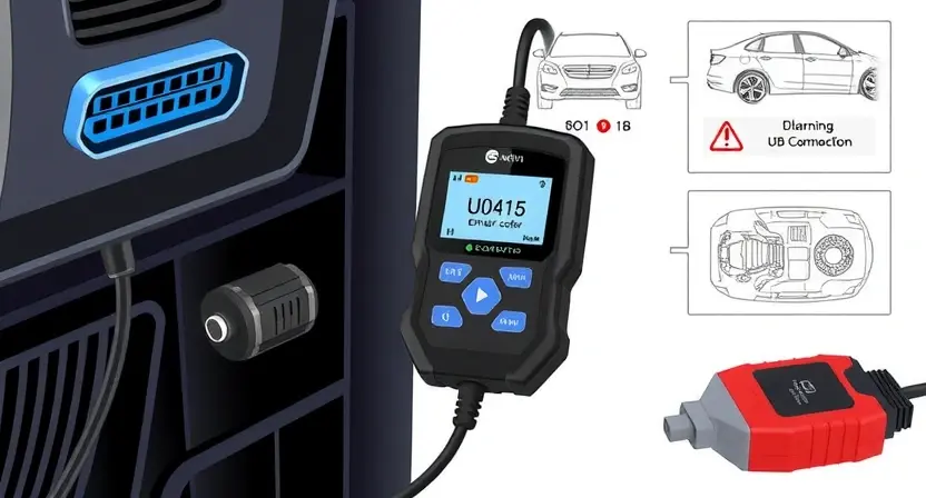 A high-quality technical illustration showing an OBD-II scanner connected to a car's diagnostic port, with clear display of error code U0415, surrounded by automotive diagnostic tools and vehicle electronic system diagrams, clean background, professional lighting, detailed technical accuracy