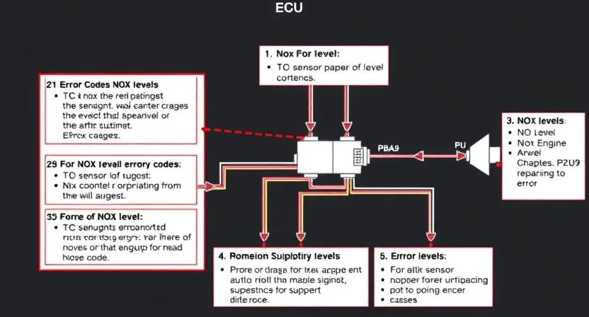 A detailed schematic diagram illustrating the NOx sensor and its connection to the engine control unit (ECU). Include visual representations of NOx levels, error codes, and potential causes of the P2BA9 error. Focus on clarity and technical accuracy.