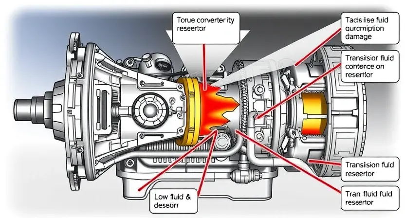 A detailed illustration of an automatic transmission system with a focus on the torque converter, transmission fluid reservoir, and potential issues related to fluid levels or contamination. Include visual cues representing low fluid, debris, and possible damage.