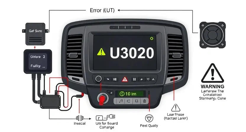 A high-quality technical illustration showing a vehicle's onboard charger (OBC) unit with error code U3020 displayed on a diagnostic screen, surrounded by circuit diagrams and warning symbols, clean white background, professional automotive engineering style