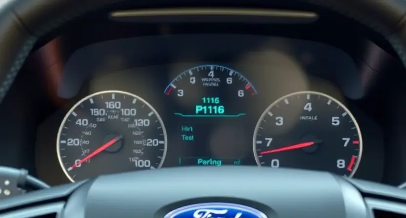 A close-up shot of a Ford vehicle's dashboard, specifically highlighting the instrument cluster and a warning light illuminated. The background should be slightly blurred to focus on the dashboard. The overall lighting should be realistic, suggesting a daytime setting inside the car. Focus on the area where a P1116 error might be displayed.