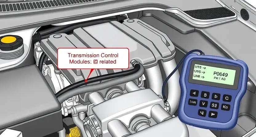 A detailed illustration of a car's engine bay with a diagnostic tool connected to the car's computer. Focus on the area where the P0649 error code might be related to, such as the transmission control module or related sensors. The image should be clean and professional, highlighting the diagnostic process.