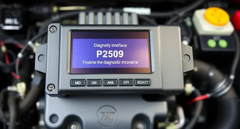 A detailed illustration of an automotive engine control unit (ECU) with various sensors and wiring. Focus on the diagnostic interface displaying the P2509 error code. The background should be a clean, professional workshop environment.
