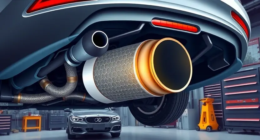 A detailed illustration of a car's exhaust system with a focus on the Gasoline Particulate Filter (GPF). The image should show the internal structure of the GPF, highlighting its honeycomb-like design and the flow of exhaust gases through it. Include a visual representation of the error code P24A4, such as a warning light on the car's dashboard, to indicate a malfunction in the GPF. The scene should be set in a well-lit workshop with various automotive tools and diagnostic equipment in the backg