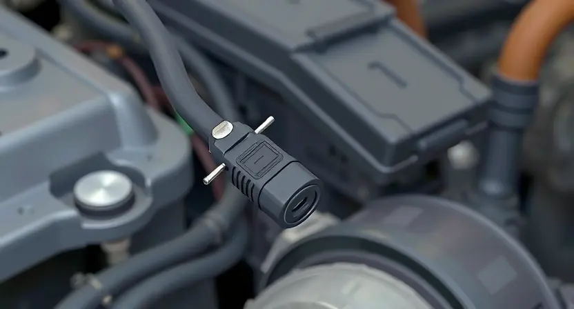 A close-up, detailed illustration of a car engine bay. Focus on the wiring harness and various electrical connectors. Show a slightly frayed wire and a loose connection point, subtly indicating a potential problem. The background should be blurred, emphasizing the intricate details of the wiring.